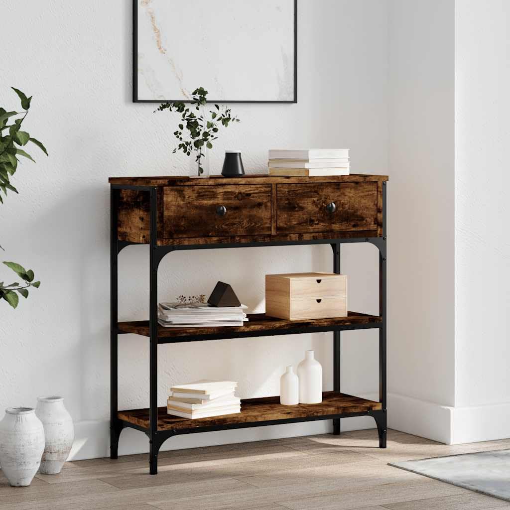 Black Oak Console Table 100x25x75 cm Engineered Wood & Steel with 2 Drawers E80946