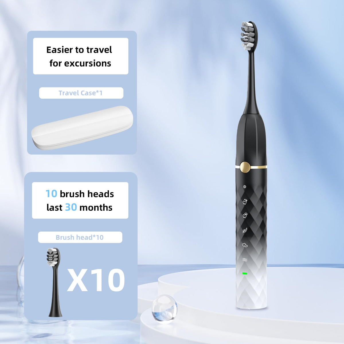 Black White Sonic Electric Toothbrush Set with 10 Brush Heads and Travel Case P721353