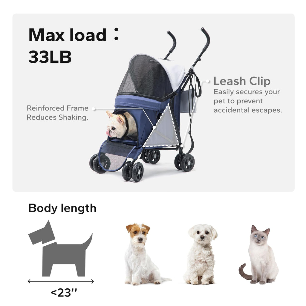 Foldable Pet Stroller for Small Dogs & Cats, 10 lbs, Blue Gray G599