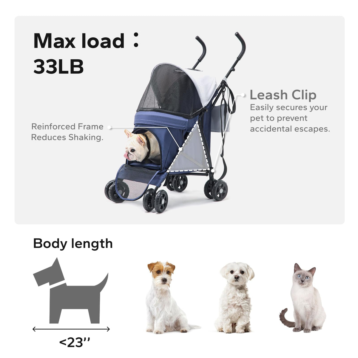 Foldable Pet Stroller for Small Dogs & Cats, 10 lbs, Blue Gray G599