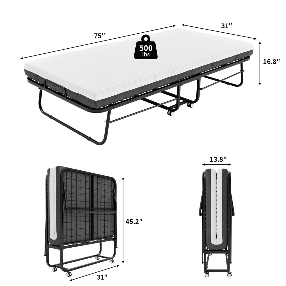 Folding Bed with Mattress 75''x31'' 5 Inch Memory Foam Metal Frame F577