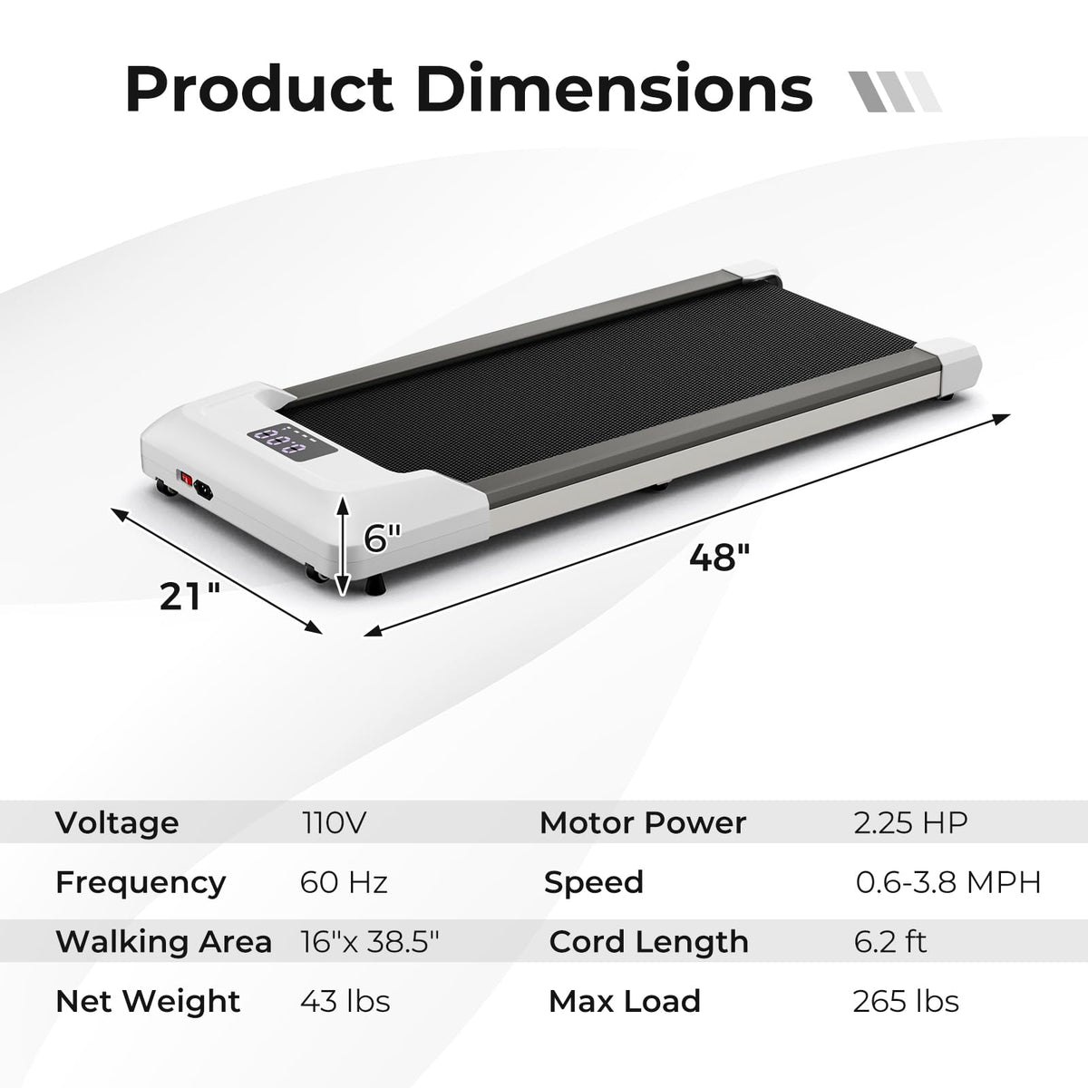 2.25HP Under Desk Treadmill with LED Display and Remote Control A2945