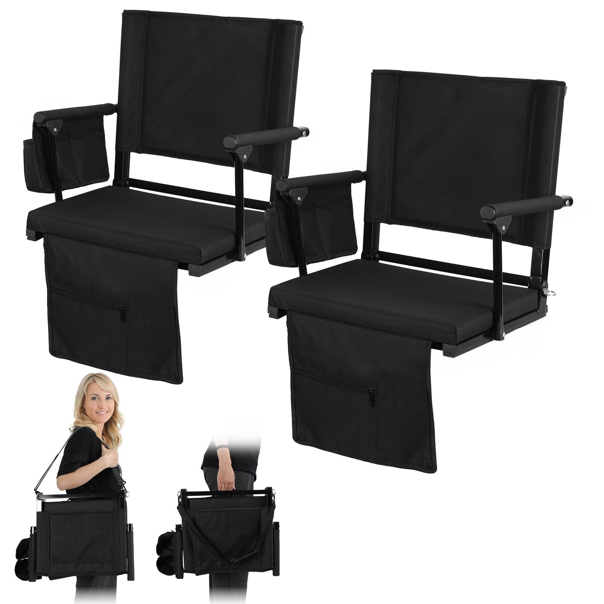2 Pcs Black Folding Stadium Seats with Back Support and Cup Holder P72579