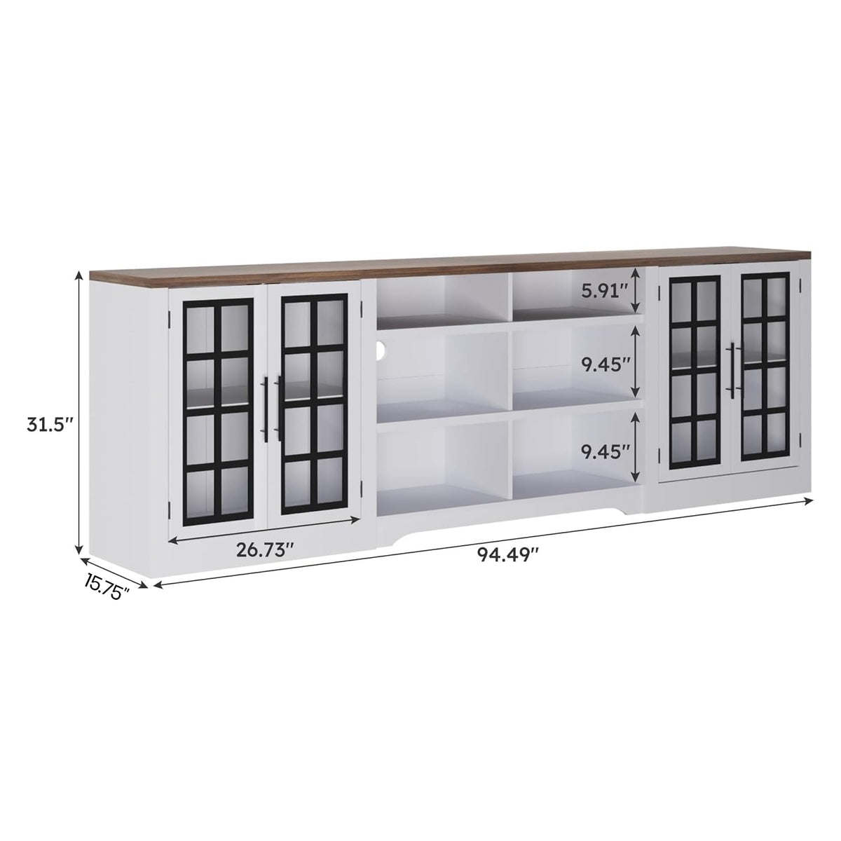 White Black TV Stand with 2 Cabinets and 3-Tier Shelves G1268