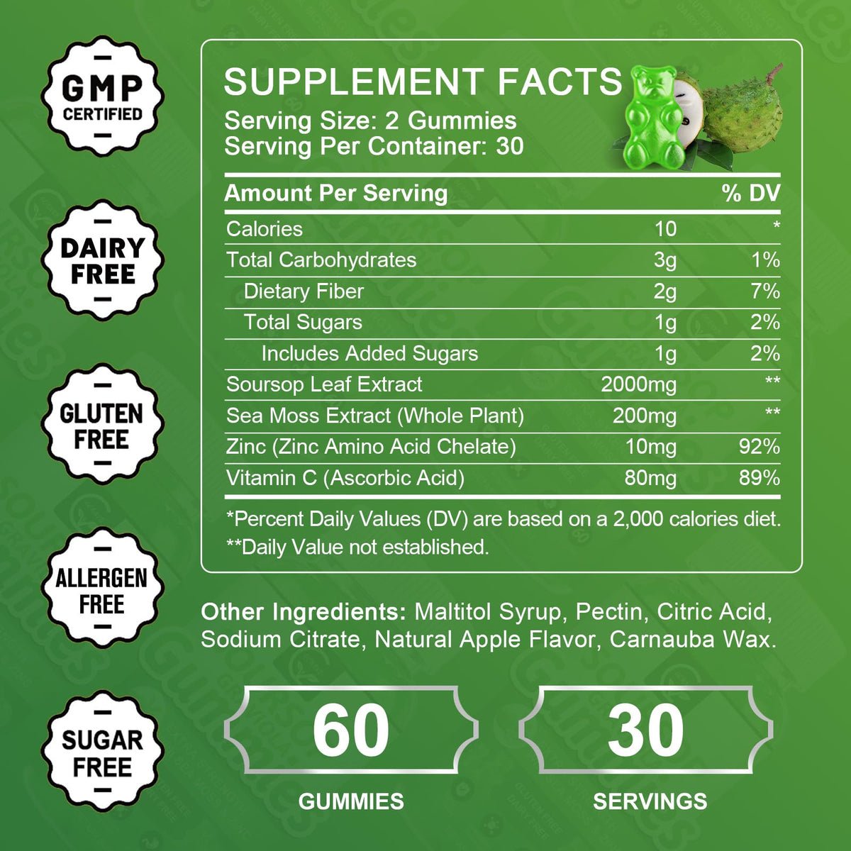Organic Soursop Graviola Gummies 2200mg with Sea Moss Zinc Vitamin C 60 Gummies F336