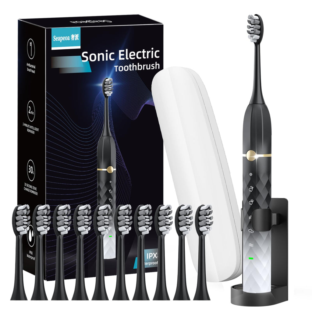 Black White Sonic Electric Toothbrush Set with 10 Brush Heads and Travel Case P721353