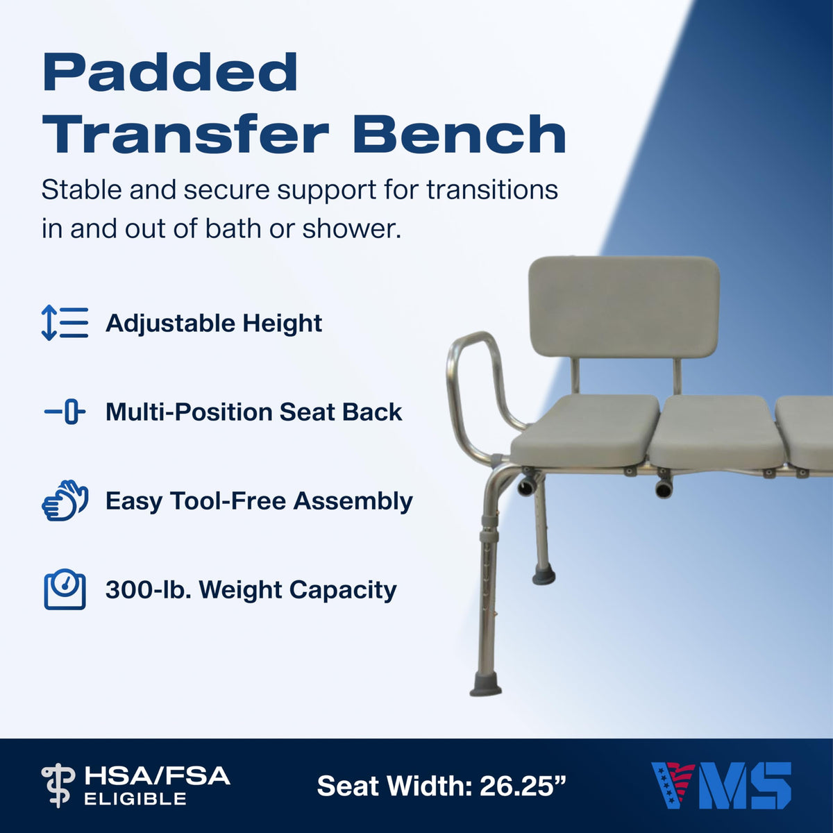 Padded Transfer Bench 300 lbs Capacity Height Adjustable B1462