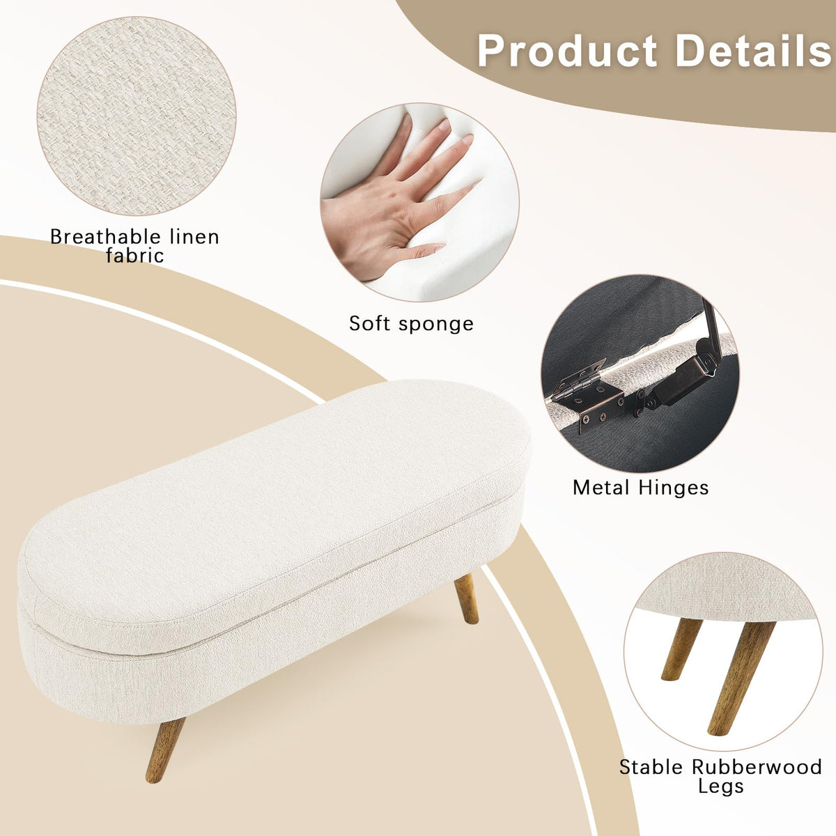 Beige Linen Upholstered Storage Ottoman Bench D611
