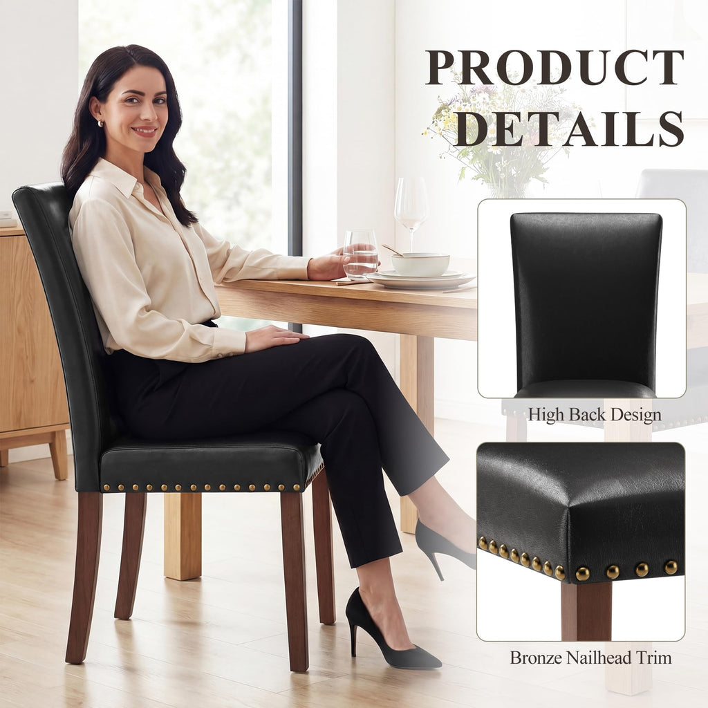 Black Leather Dining Chairs Set of 2 with Wood Legs W9922