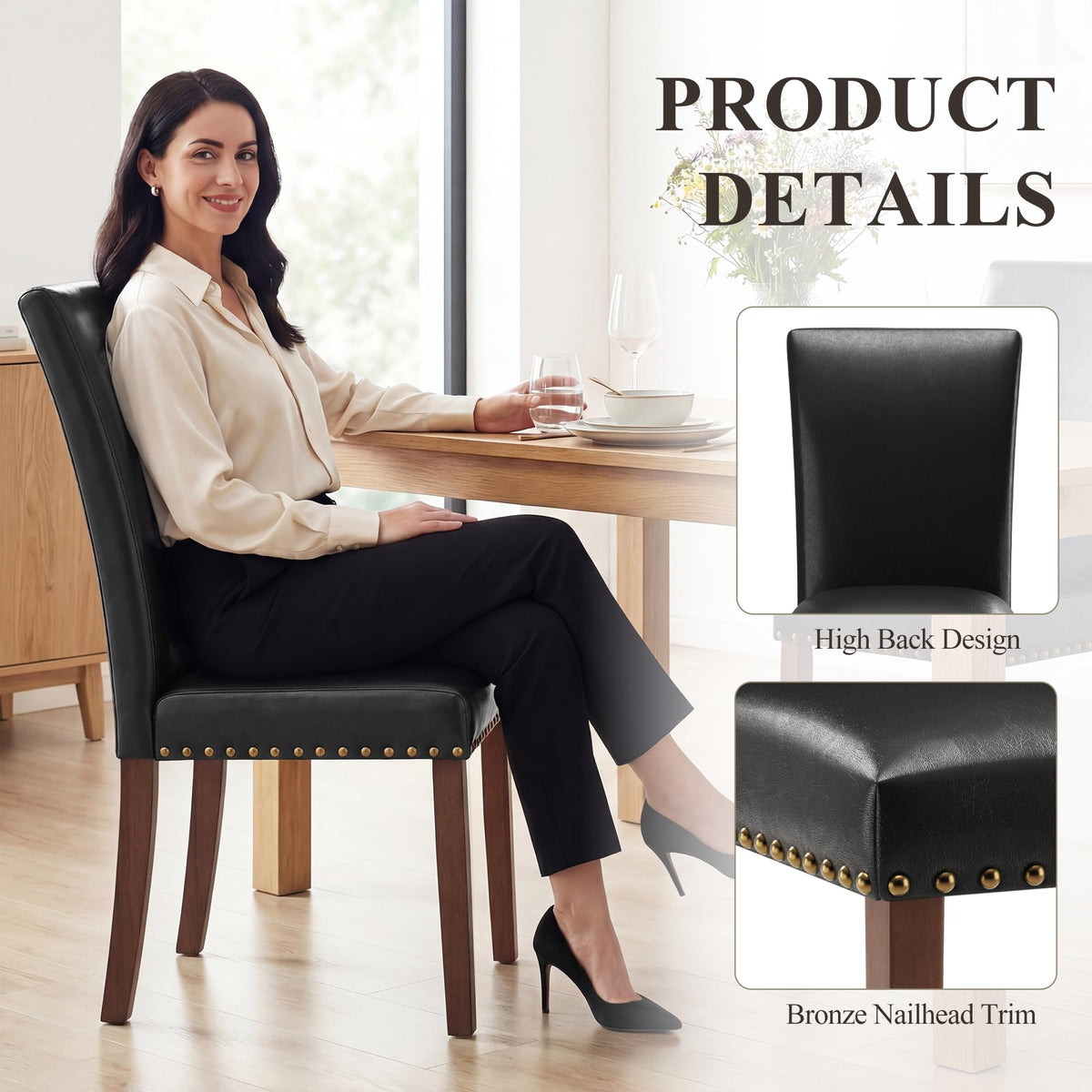 Black Leather Dining Chairs Set of 2 with Wood Legs W9922