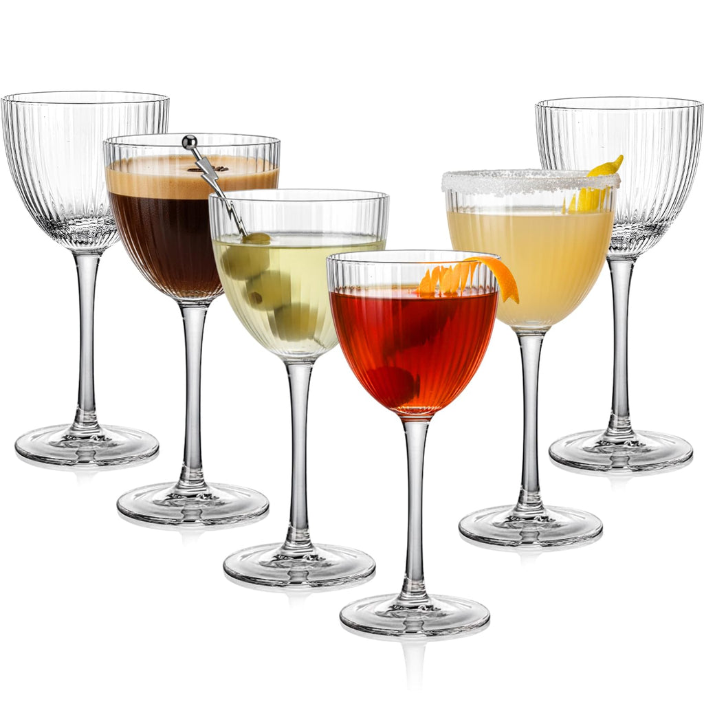 Set of 6 5 oz Lead-Free Crystal Ribbed Martini Glasses Q327