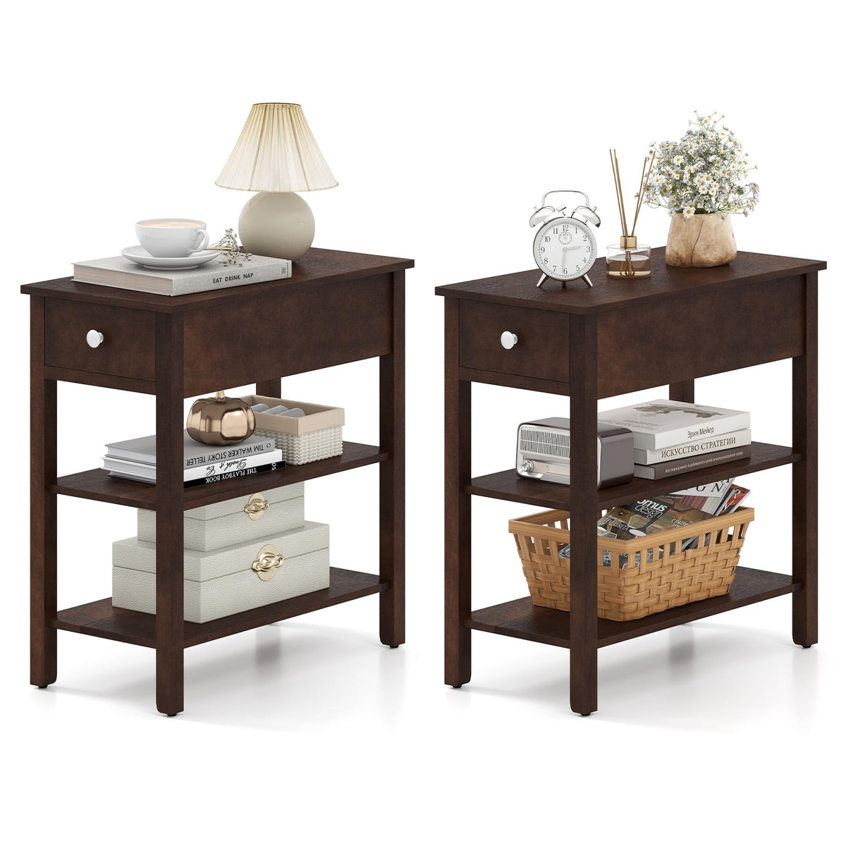 Narrow End Table Set of 2 Wood 3-Tier O915