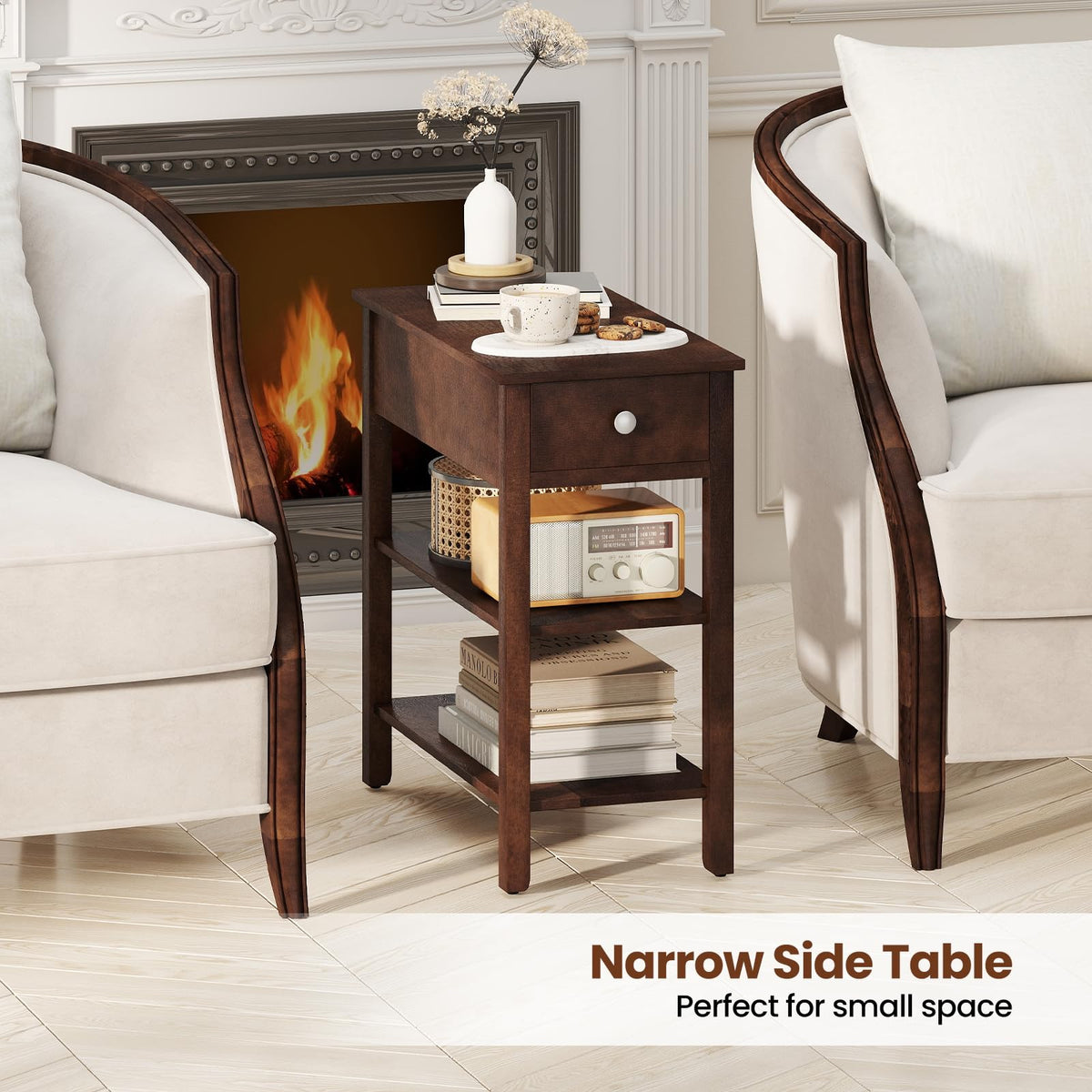 Narrow End Table Set of 2 Wood 3-Tier O915