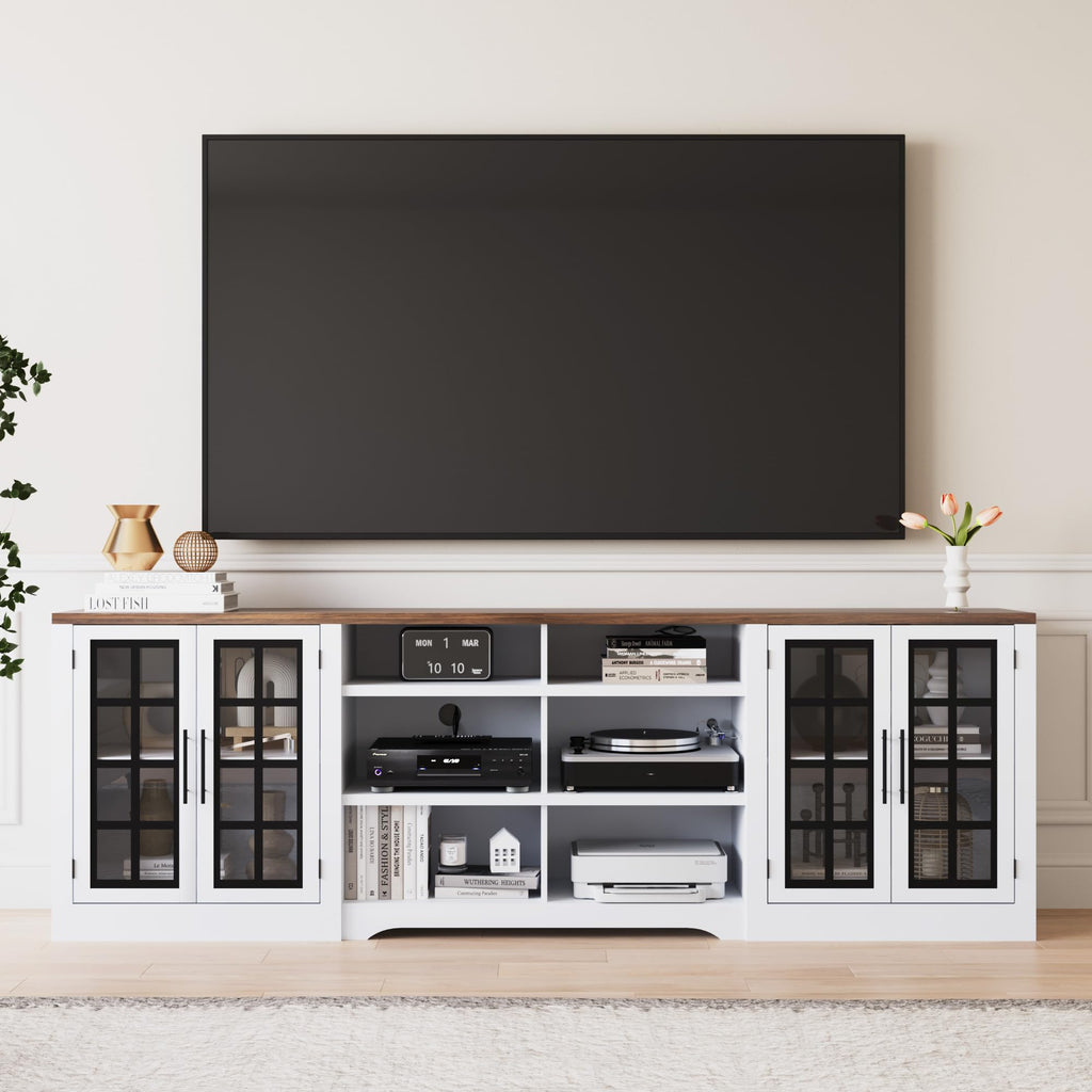 White Black TV Stand with 2 Cabinets and 3-Tier Shelves G1268