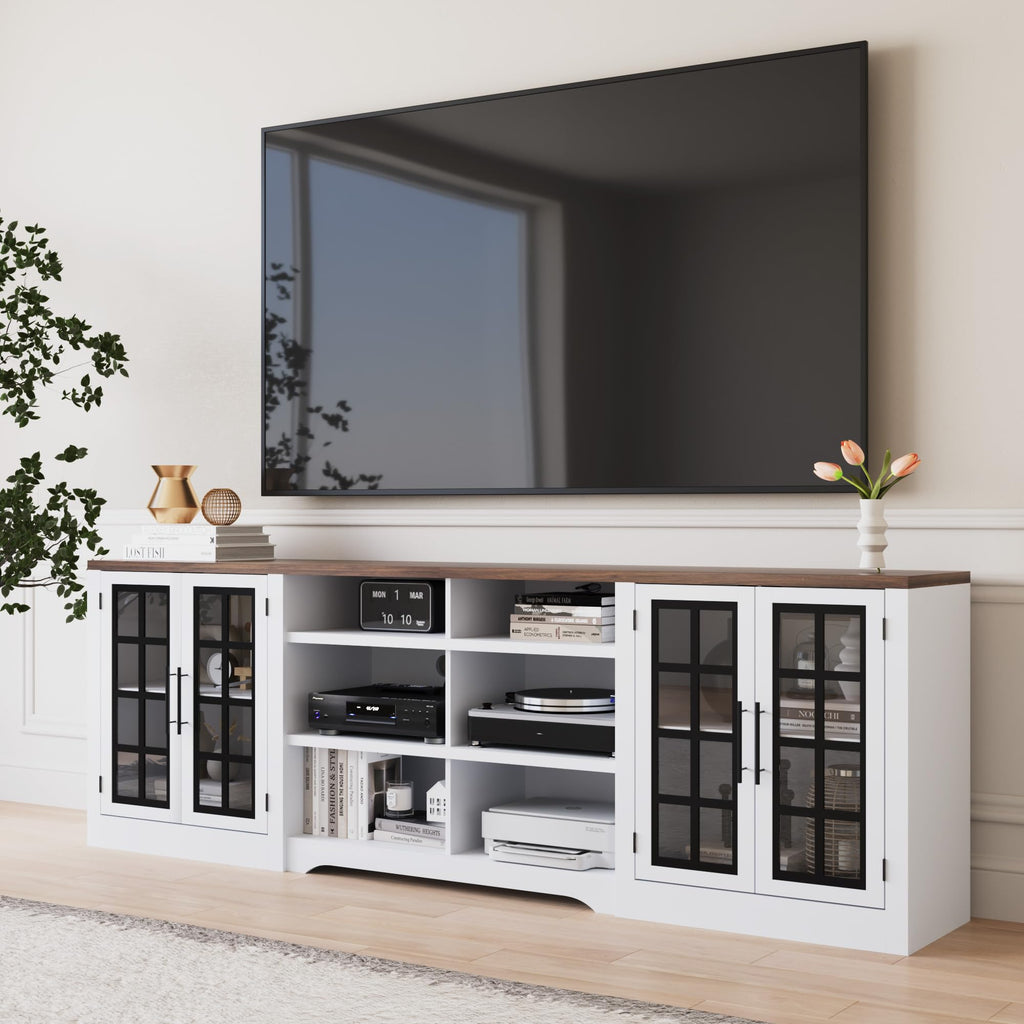 White Black TV Stand with 2 Cabinets and 3-Tier Shelves G1268