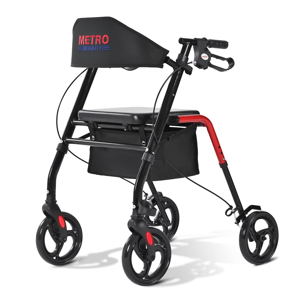 Foldable Lightweight Rolling Walker with Seat, 8" Wheels, 300 lb. Capacity, Red F14487