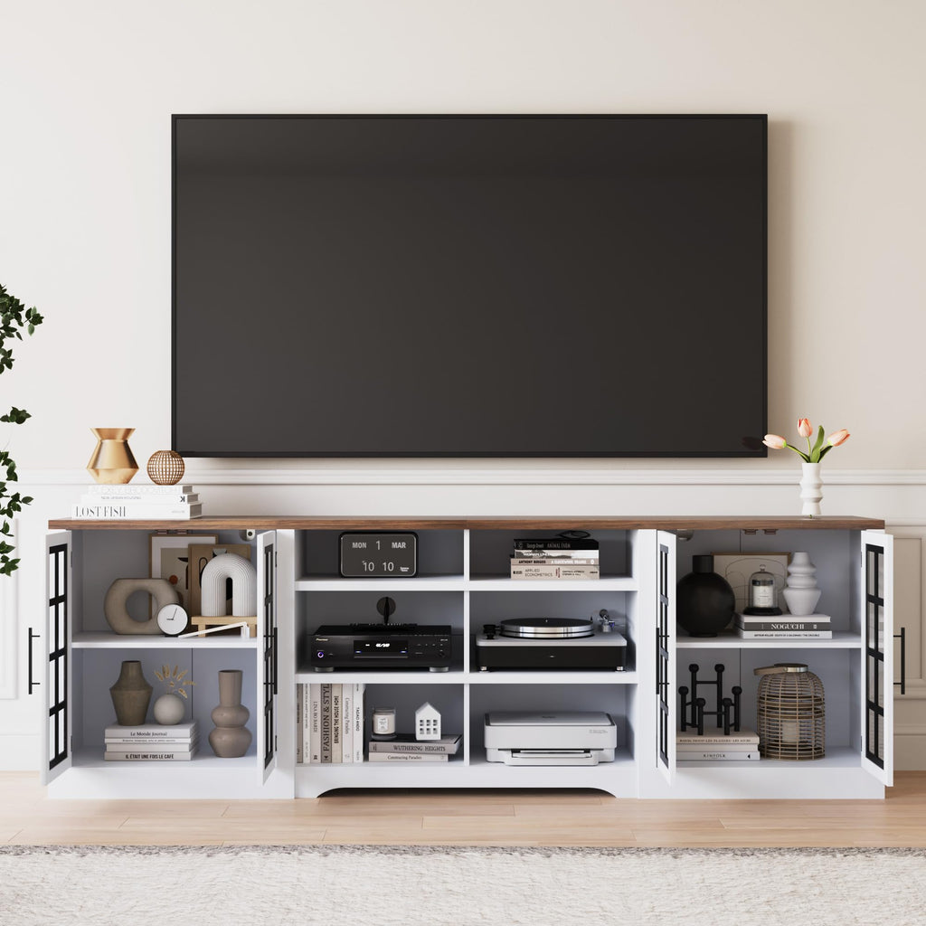 White Black TV Stand with 2 Cabinets and 3-Tier Shelves G1268