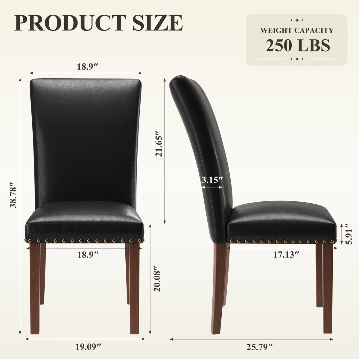 Black Leather Dining Chairs Set of 2 with Wood Legs W9922