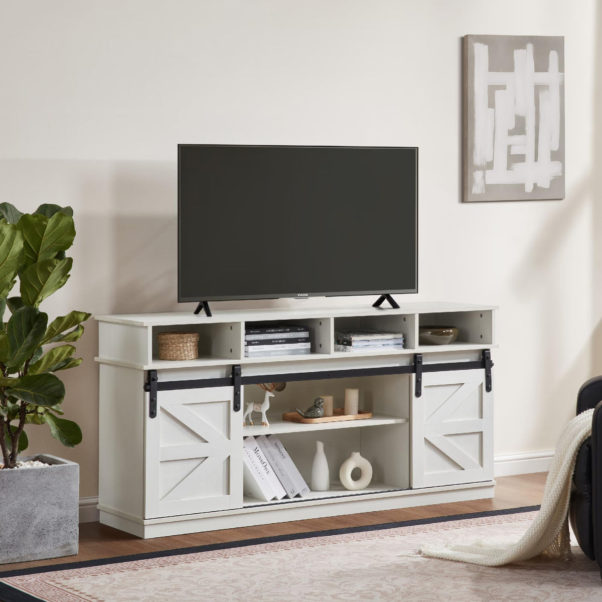 White Wood TV Stand with Adjustable Shelves G730