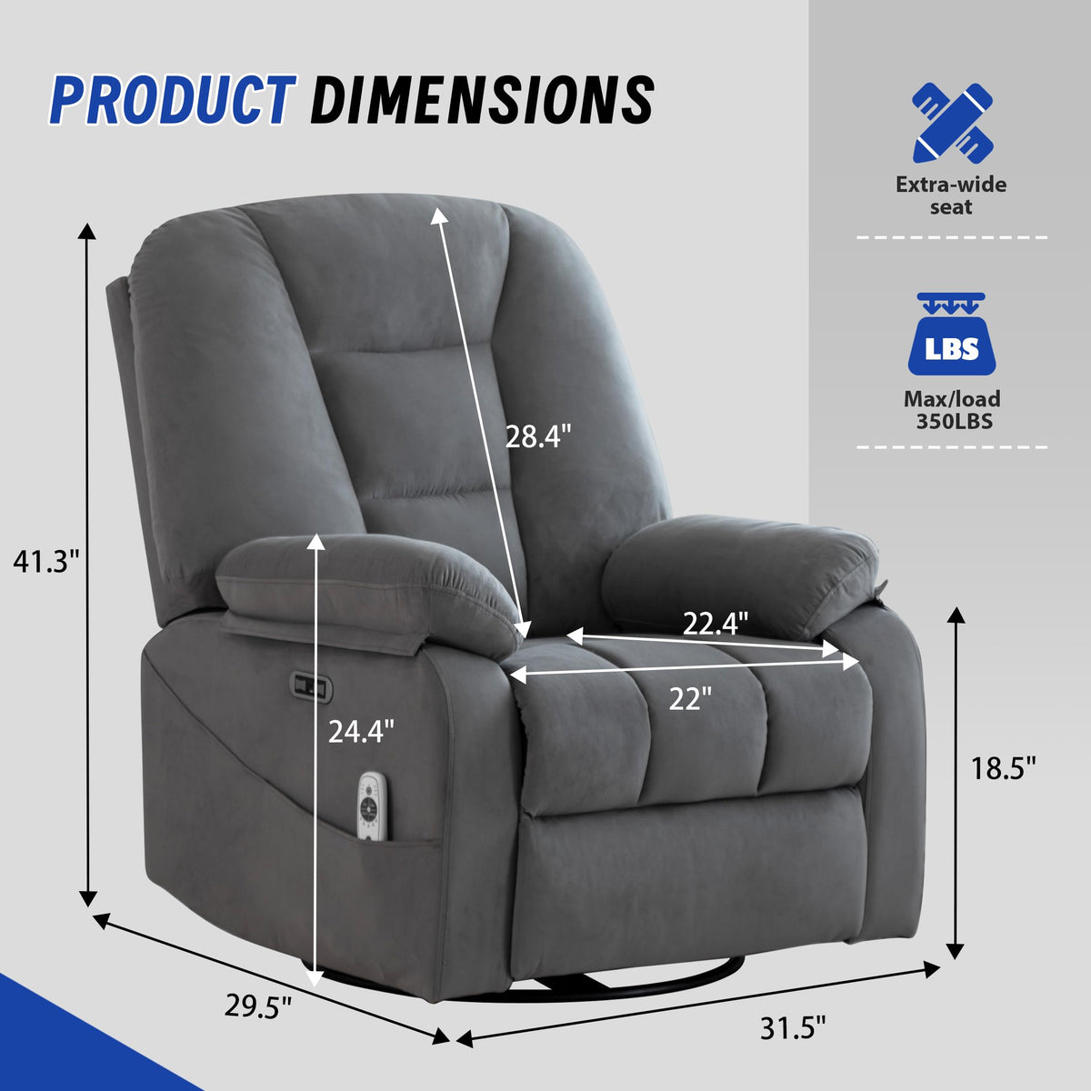 Power Swivel Rocker Recliner Chair with Massage and Heat, Gray O4542