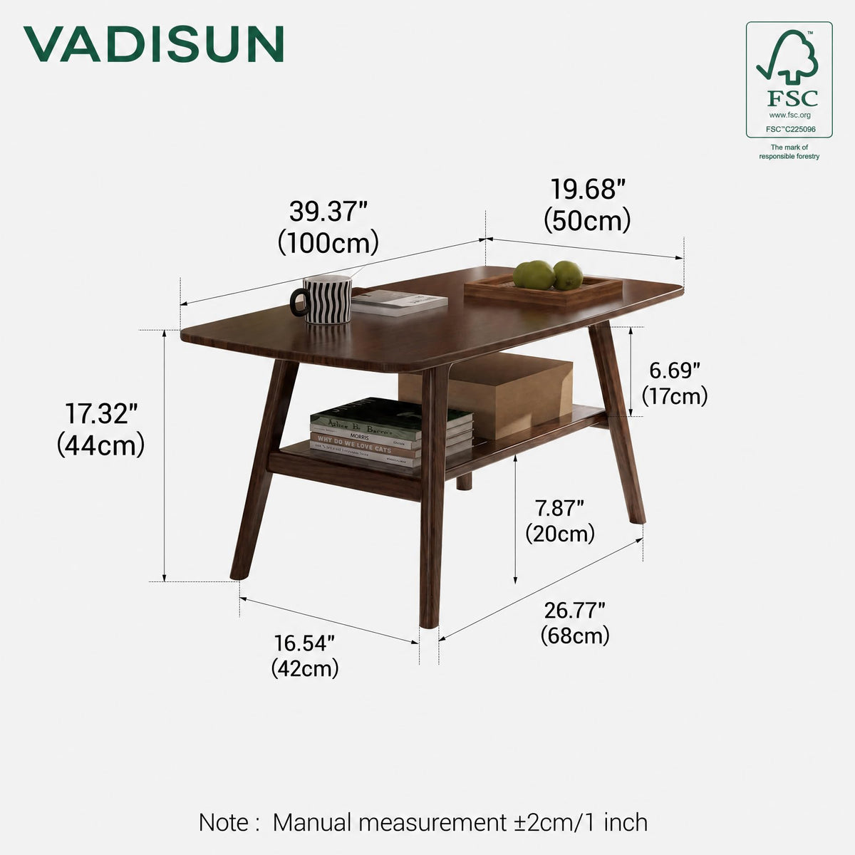Solid Wood 2-Tier Coffee Table with Shelf Storage C1354