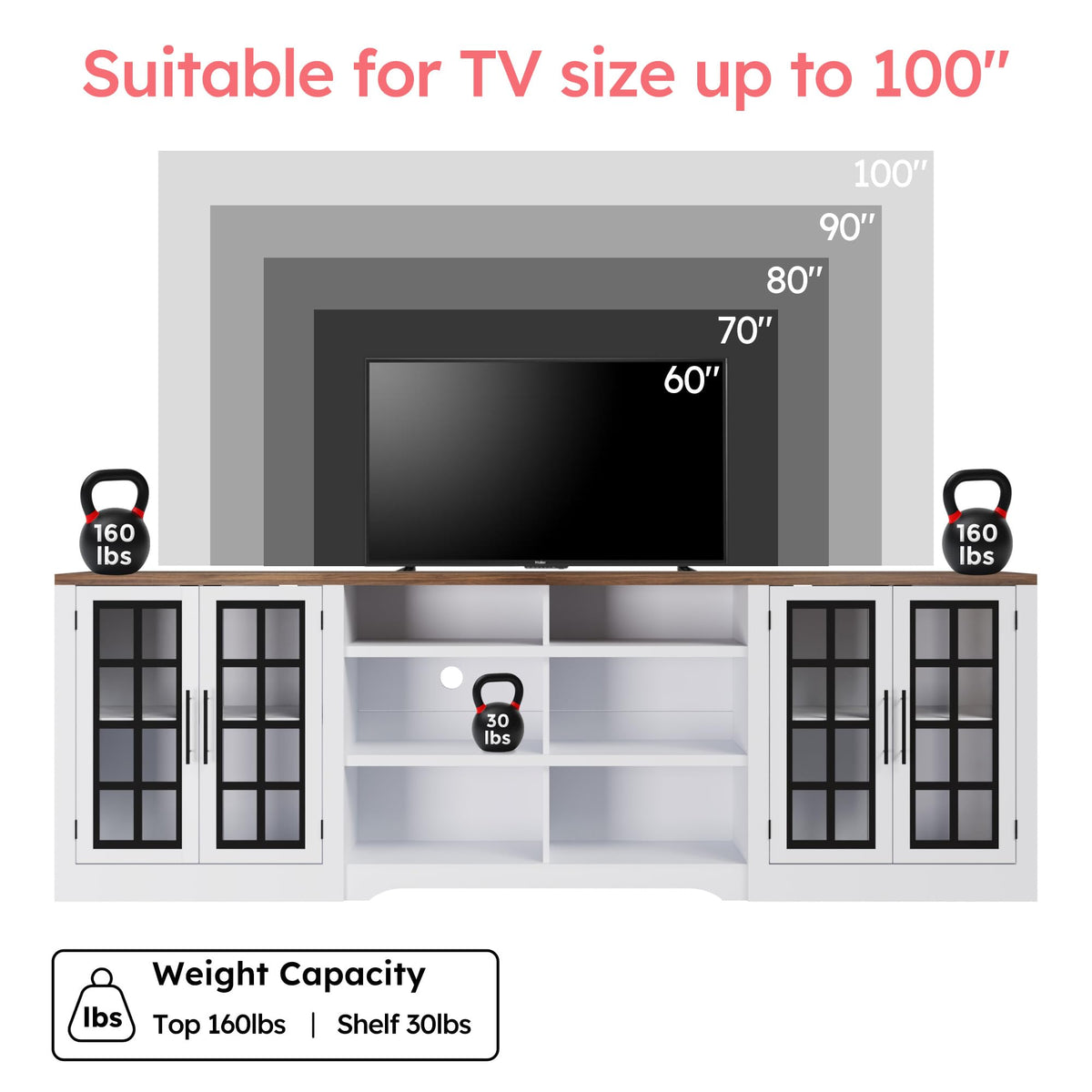 White Black TV Stand with 2 Cabinets and 3-Tier Shelves G1268