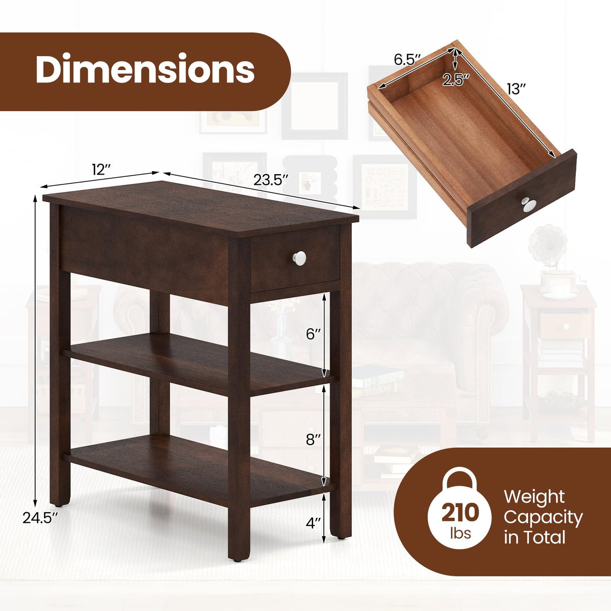 Narrow End Table Set of 2 Wood 3-Tier O915