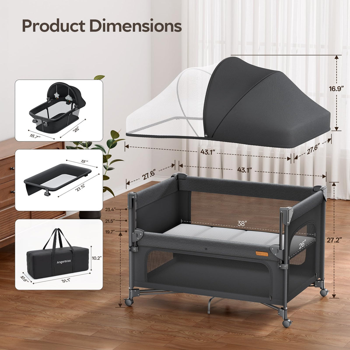 5-in-1 Baby Bassinet Bedside Crib with Changing Table X3799