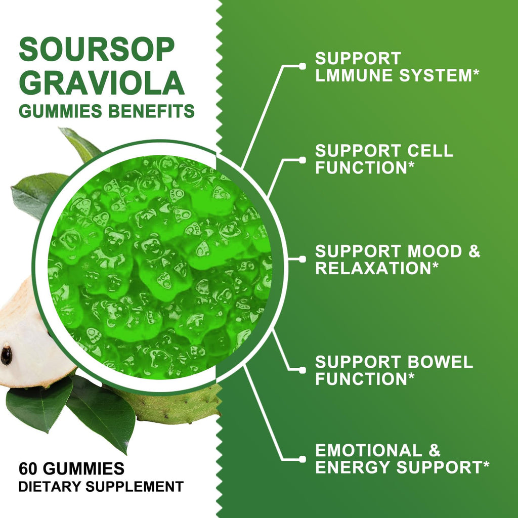 Organic Soursop Graviola Gummies 2200mg with Sea Moss Zinc Vitamin C 60 Gummies F336