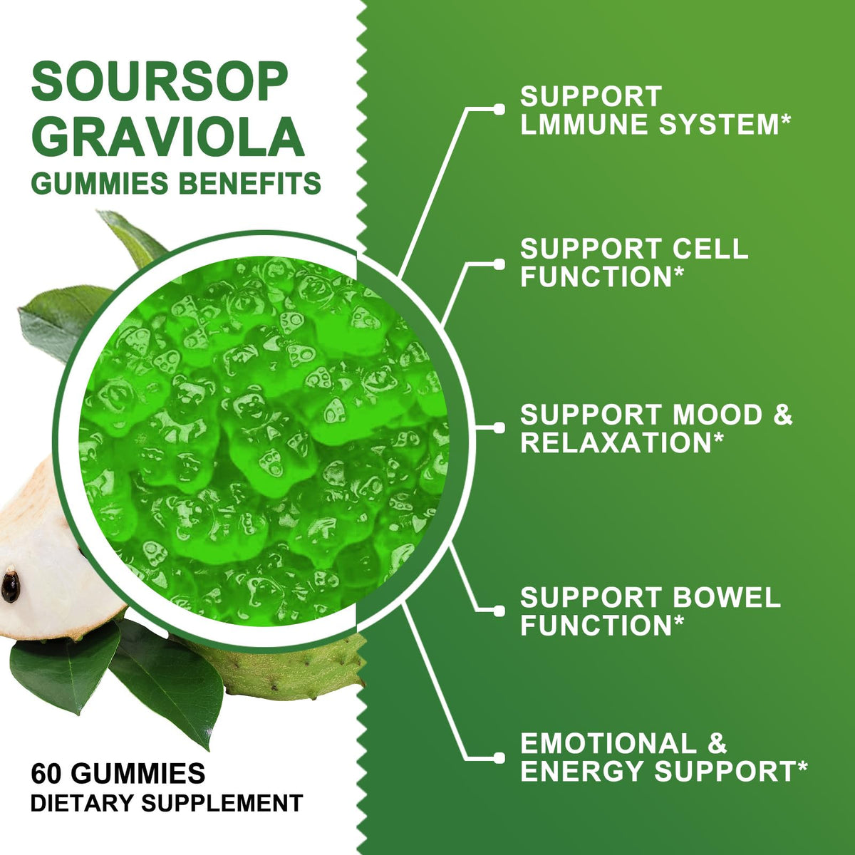Organic Soursop Graviola Gummies 2200mg with Sea Moss Zinc Vitamin C 60 Gummies F336