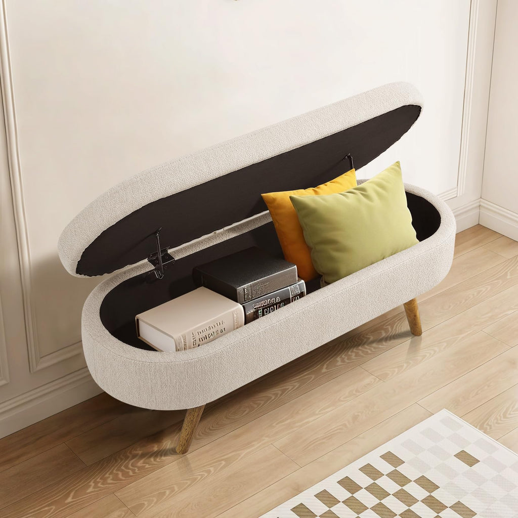 Beige Linen Upholstered Storage Ottoman Bench D611