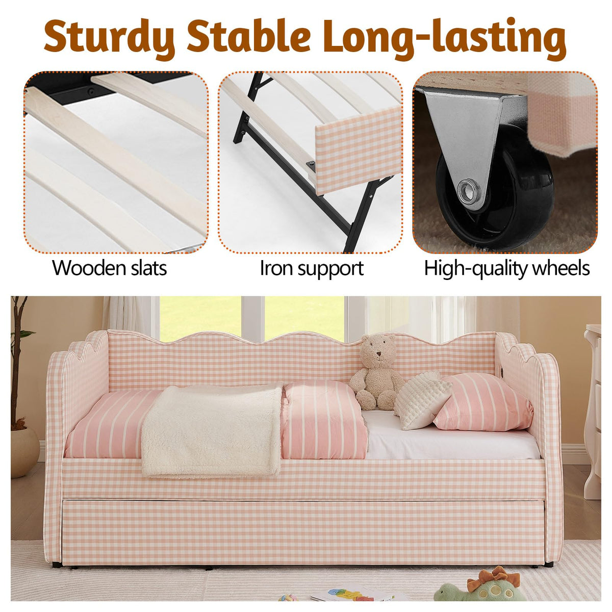 Pink Twin Size Gingham Daybed with Trundle A8930