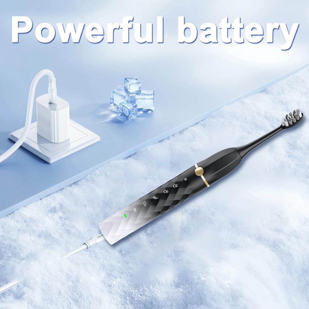 Black White Sonic Electric Toothbrush Set with 10 Brush Heads and Travel Case P721353