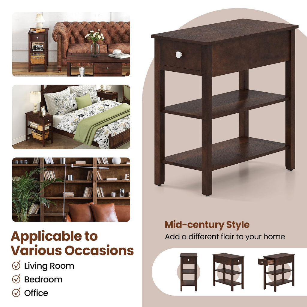 Narrow End Table Set of 2 Wood 3-Tier O915