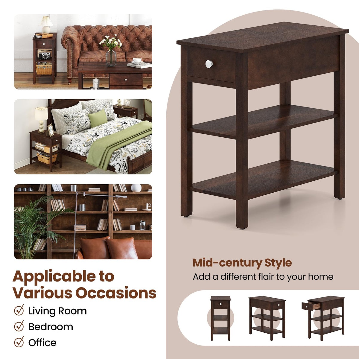 Narrow End Table Set of 2 Wood 3-Tier O915