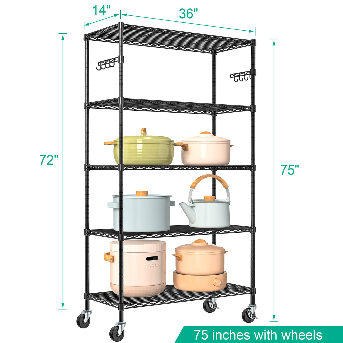 5-Tier Rolling Metal Wire Shelving Unit L432