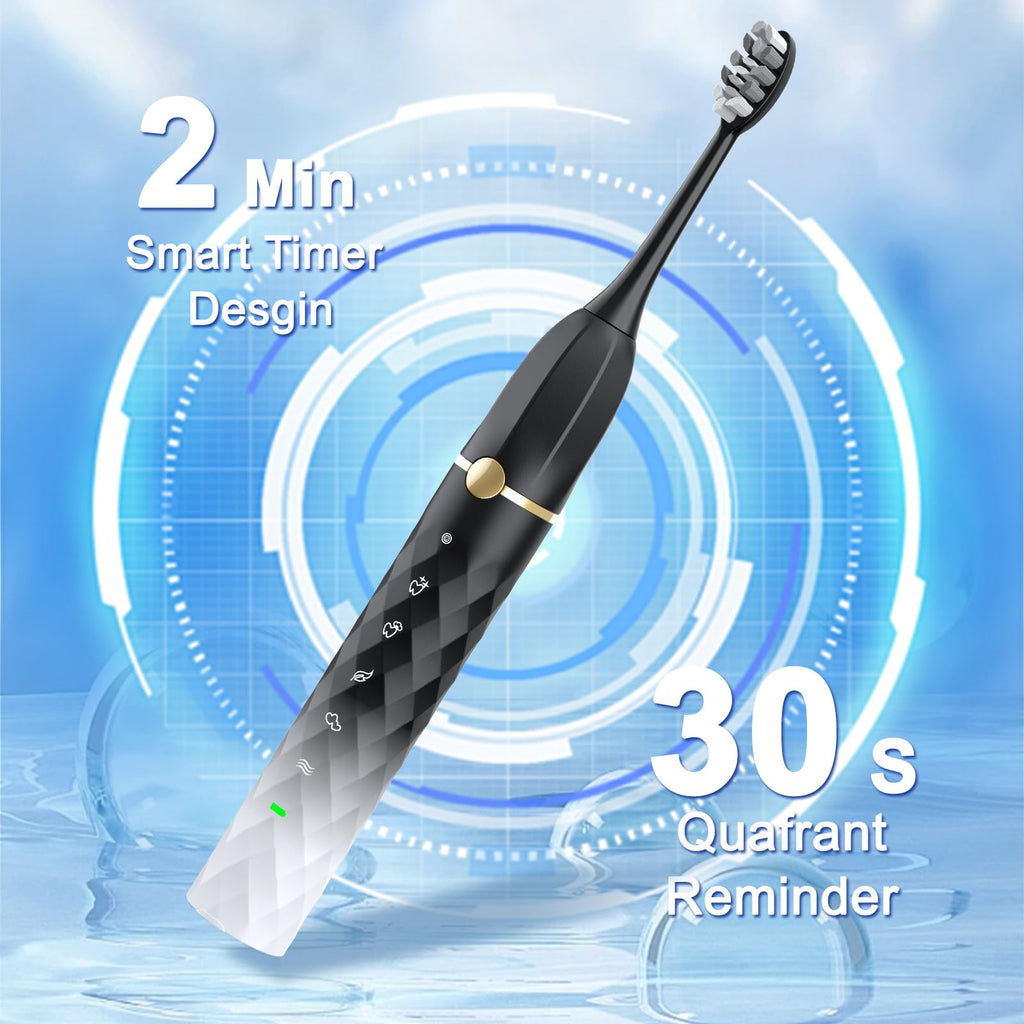 Black White Sonic Electric Toothbrush Set with 10 Brush Heads and Travel Case P721353