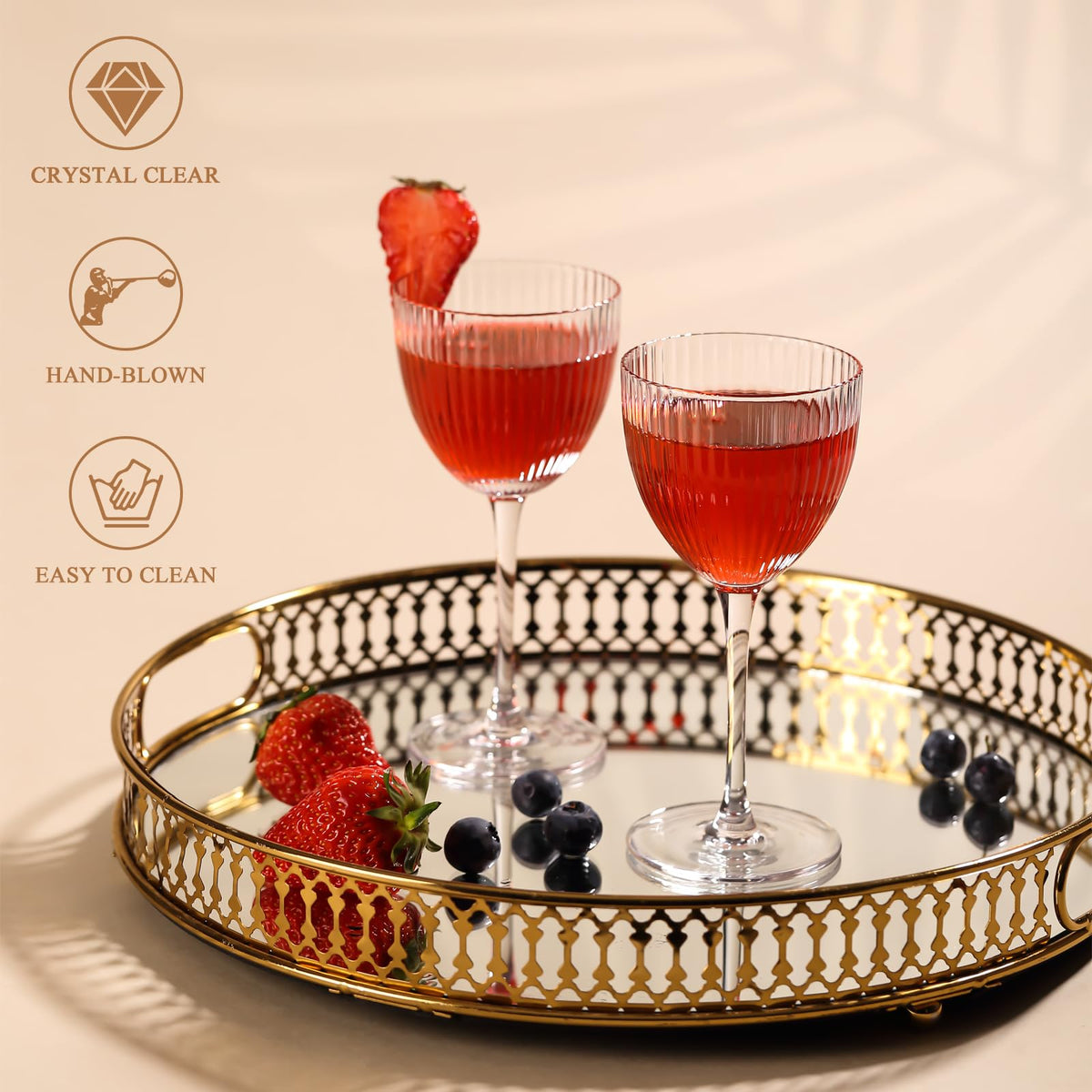 Set of 6 5 oz Lead-Free Crystal Ribbed Martini Glasses Q327
