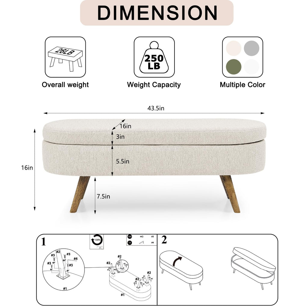 Beige Linen Upholstered Storage Ottoman Bench D611