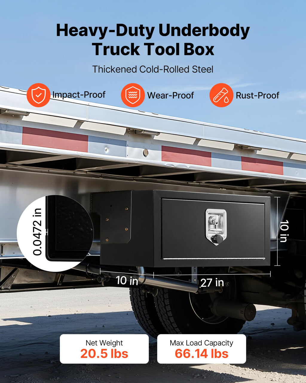 Underbody Truck Tool Box 27 x 10 x 10 Inch Heavy Duty Steel with Lock & Keys Black M175