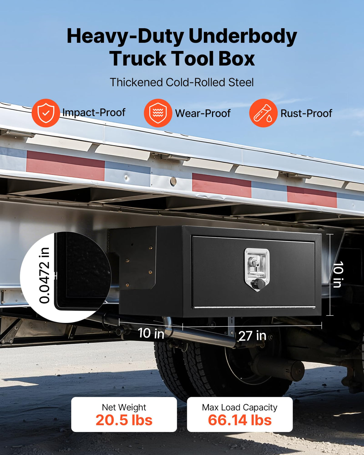Underbody Truck Tool Box 27 x 10 x 10 Inch Heavy Duty Steel with Lock & Keys Black M175