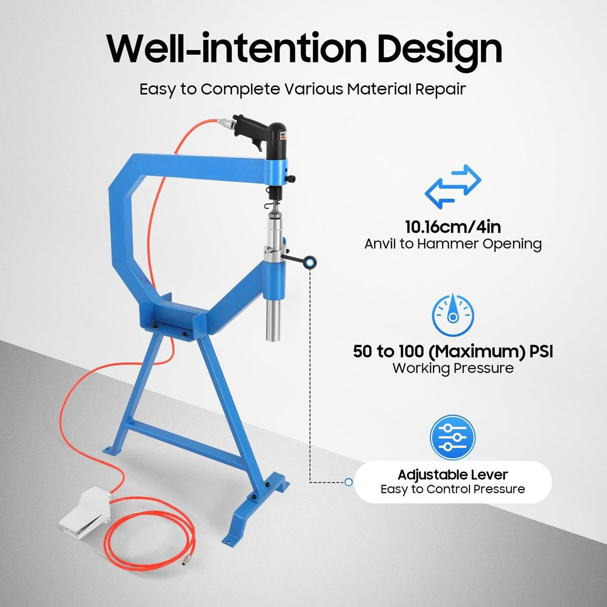 4 Inch Pneumatic Planishing Hammer with Cast Iron Stand and Foot Pedal N609