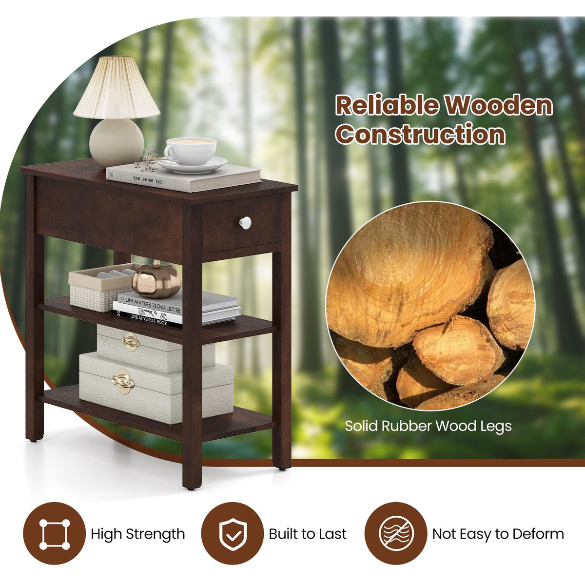 Narrow End Table Set of 2 Wood 3-Tier O915