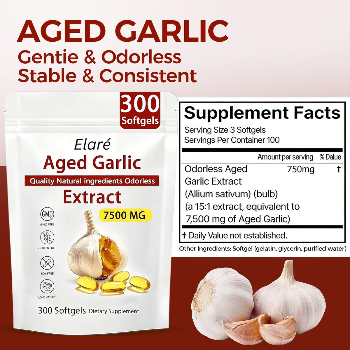 Odorless Aged Garlic Extract Capsules 7500, 300 Count N239743