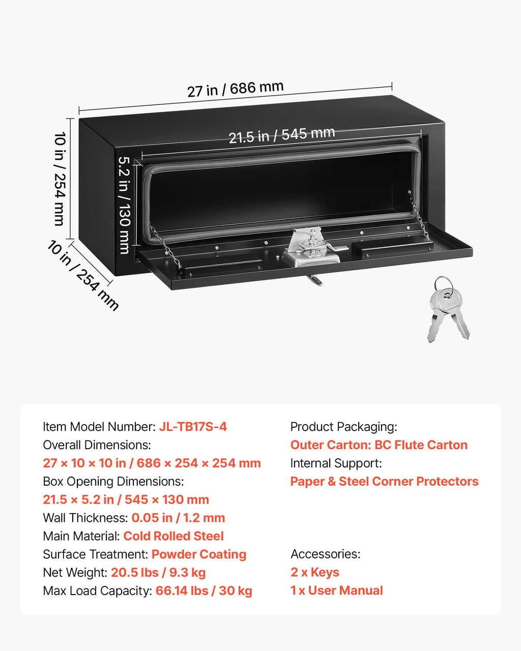 Underbody Truck Tool Box 27 x 10 x 10 Inch Heavy Duty Steel with Lock & Keys Black M175