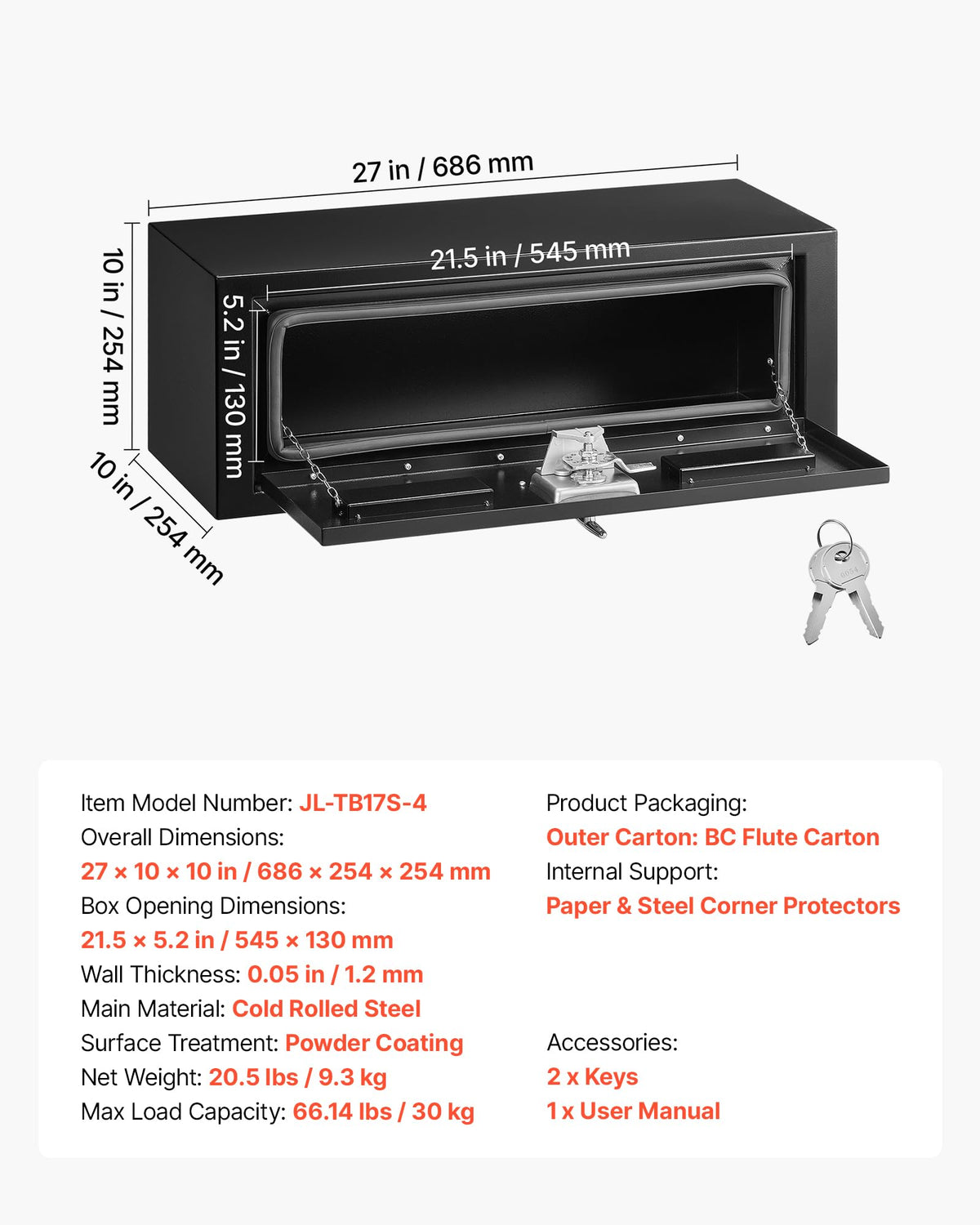 Underbody Truck Tool Box 27 x 10 x 10 Inch Heavy Duty Steel with Lock & Keys Black M175