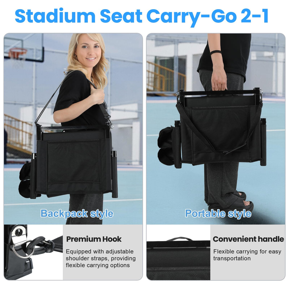 2 Pcs Black Folding Stadium Seats with Back Support and Cup Holder P72579