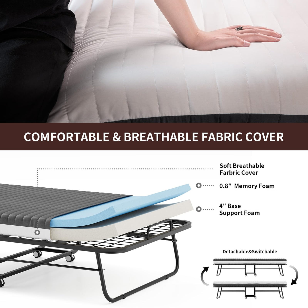 Folding Bed with Mattress 75''x31'' 5 Inch Memory Foam Metal Frame F577