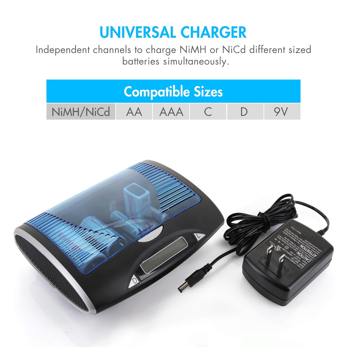 Universal LCD Battery Charger + 8 Pack D Size Rechargeable Batteries R182