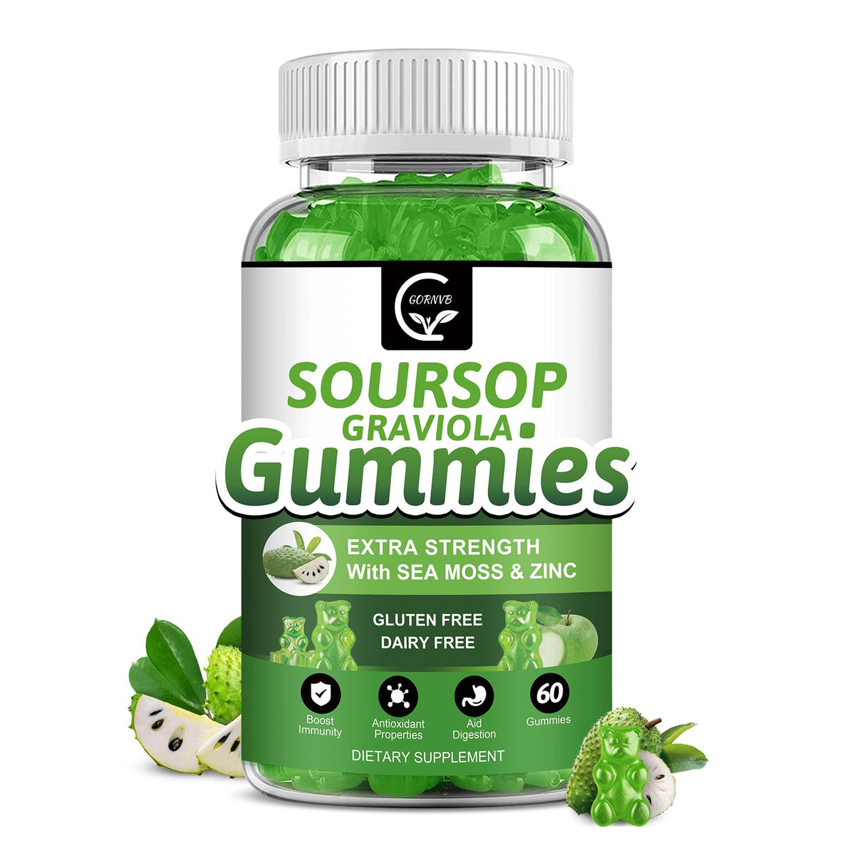 Organic Soursop Graviola Gummies 2200mg with Sea Moss Zinc Vitamin C 60 Gummies F336